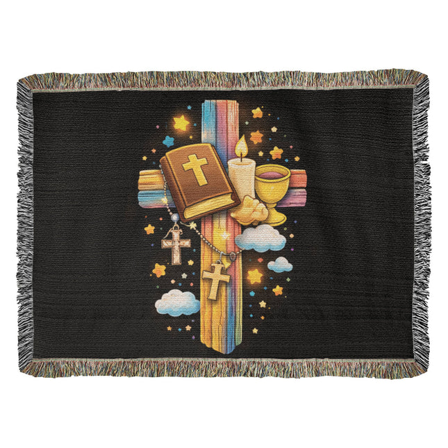 Rainbow Cross Bible And Cross | Christian Heirloom Artwork Woven Blanket | Gift for Kids