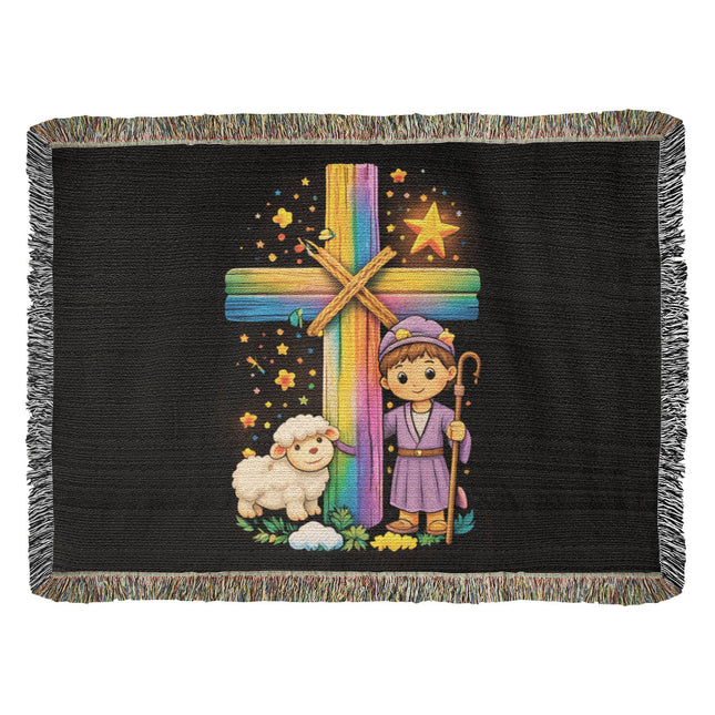 Rainbow Cross Little Shepherd | Christian Heirloom Artwork Woven Blanket | Gift for Kids