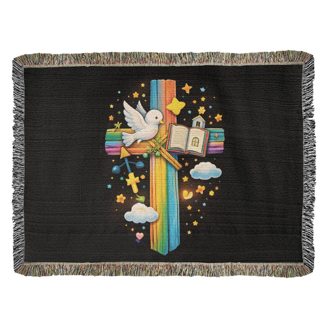 Rainbow Cross Open Bible | Christian Heirloom Artwork Woven Blanket | Gift for Kids
