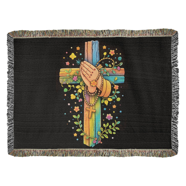 Rainbow Cross Praying Hands | Christian Heirloom Artwork Woven Blanket | Gift for Kids