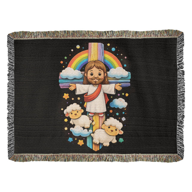 Rainbow Cross Jesus And Lamb | Christian Heirloom Artwork Woven Blanket | Gift for Kids