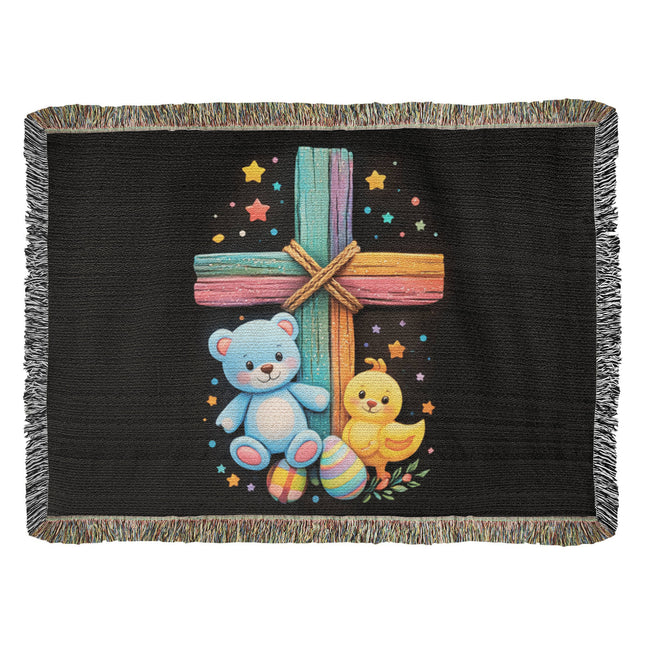 Rainbow Cross Teddy Bear | Christian Heirloom Artwork Woven Blanket | Gift for Kids