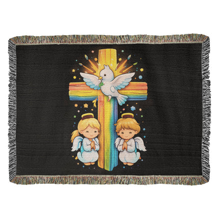 Rainbow Cross Angels And Dove | Christian Heirloom Artwork Woven Blanket | Gift for Kids