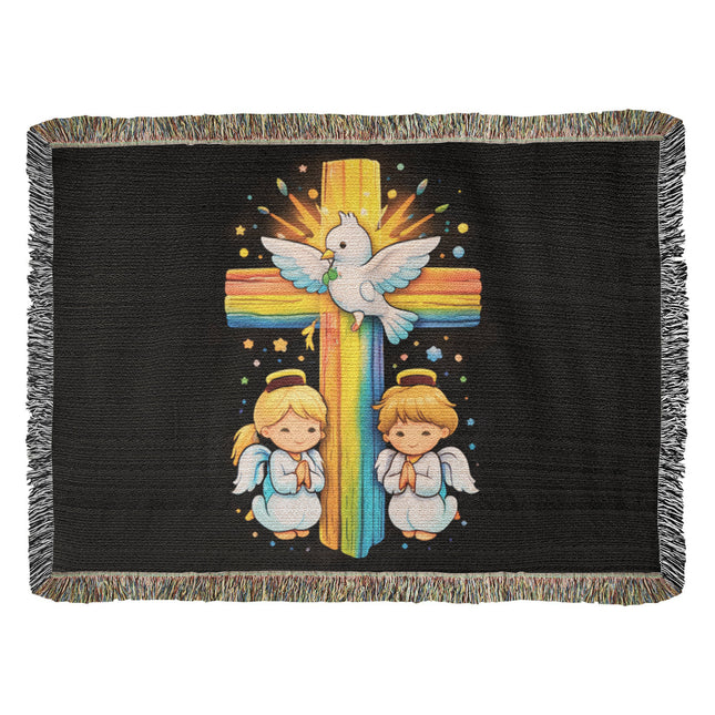 Rainbow Cross Angels And Dove | Christian Heirloom Artwork Woven Blanket | Gift for Kids
