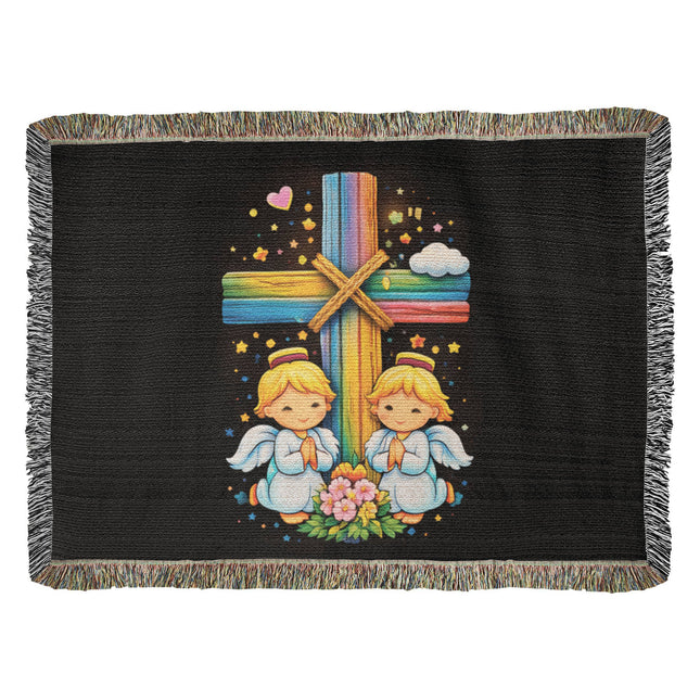 Rainbow Cross Angel Twins | Christian Heirloom Artwork Woven Blanket | Gift for Kids