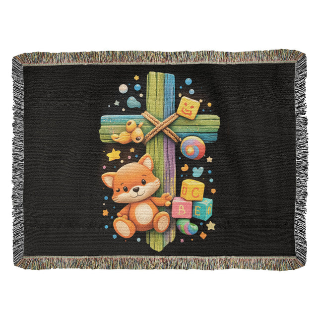 Rainbow Cross Little Fox | Christian Heirloom Artwork Woven Blanket | Gift for Kids