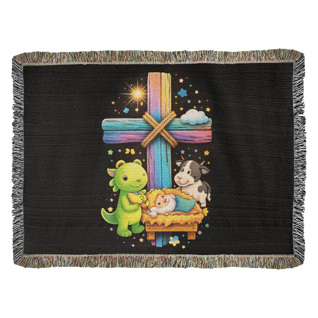 Rainbow Cross Frog And Cow | Christian Heirloom Artwork Woven Blanket | Gift for Kids