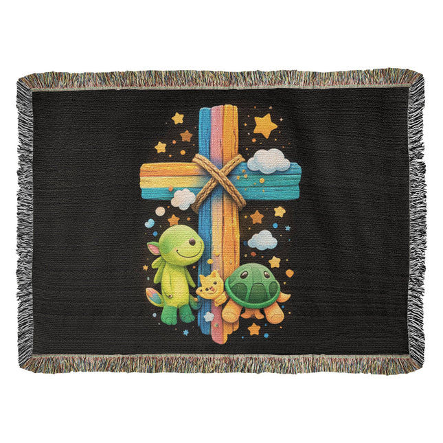 Rainbow Cross Turtle | Christian Heirloom Artwork Woven Blanket | Gift for Kids