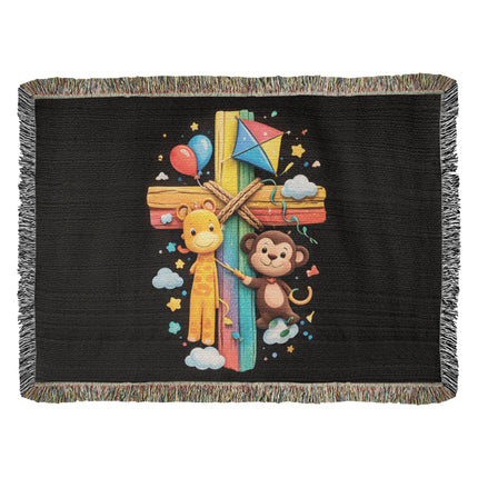 Rainbow Cross Jungle Animals | Christian Heirloom Artwork Woven Blanket | Gift for Kids