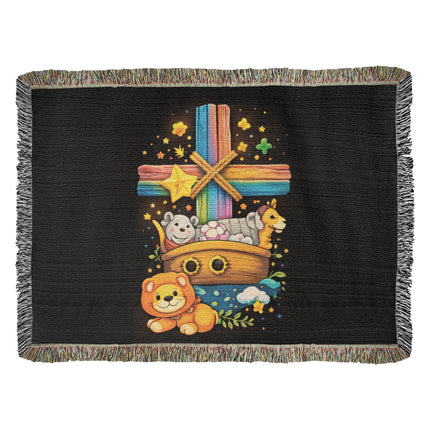 Rainbow Cross Noahs Ark | Christian Heirloom Artwork Woven Blanket | Gift for Kids