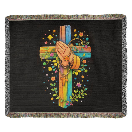 Rainbow Cross Praying Hands | Christian Heirloom Artwork Woven Blanket | Gift for Kids