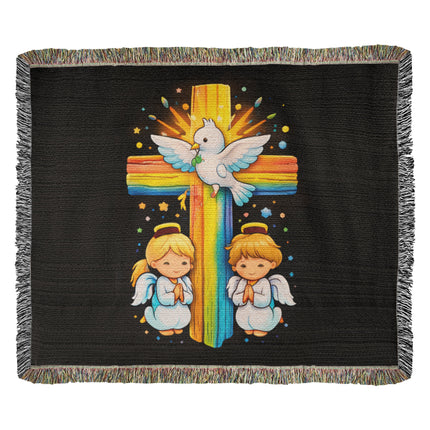 Rainbow Cross Angels And Dove | Christian Heirloom Artwork Woven Blanket | Gift for Kids