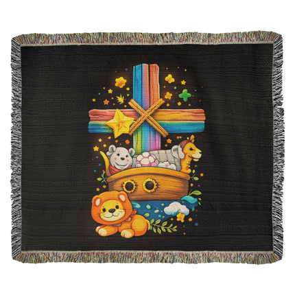 Rainbow Cross Noahs Ark | Christian Heirloom Artwork Woven Blanket | Gift for Kids