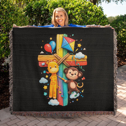 Rainbow Cross Jungle Animals | Christian Heirloom Artwork Woven Blanket | Gift for Kids