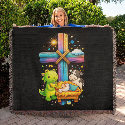 Rainbow Cross Frog And Cow | Christian Heirloom Artwork Woven Blanket | Gift for Kids