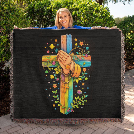Rainbow Cross Praying Hands | Christian Heirloom Artwork Woven Blanket | Gift for Kids