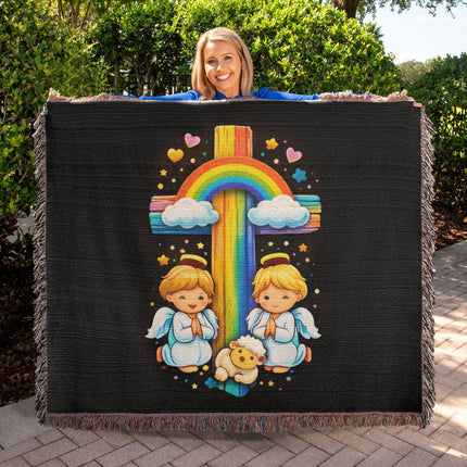 Rainbow Cross Cherub Angels | Christian Heirloom Artwork Woven Blanket | Gift for Kids