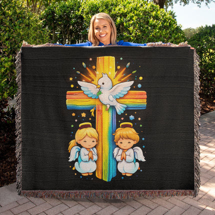 Rainbow Cross Angels And Dove | Christian Heirloom Artwork Woven Blanket | Gift for Kids