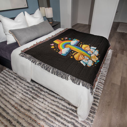 Rainbow Cross Cherub Angels | Christian Heirloom Artwork Woven Blanket | Gift for Kids