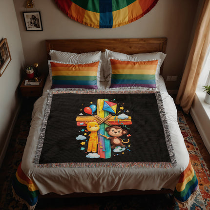 Rainbow Cross Jungle Animals | Christian Heirloom Artwork Woven Blanket | Gift for Kids