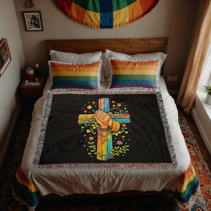 Rainbow Cross Praying Hands | Christian Heirloom Artwork Woven Blanket | Gift for Kids