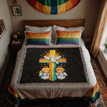 Rainbow Cross Angels And Dove | Christian Heirloom Artwork Woven Blanket | Gift for Kids