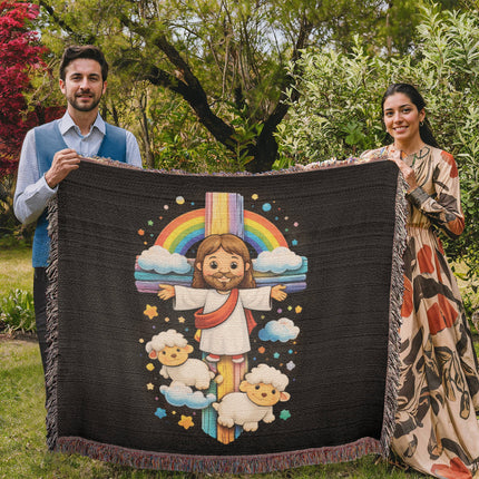 Rainbow Cross Jesus And Lamb | Christian Heirloom Artwork Woven Blanket | Gift for Kids