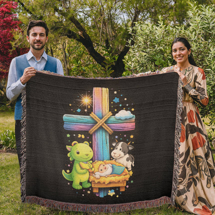 Rainbow Cross Frog And Cow | Christian Heirloom Artwork Woven Blanket | Gift for Kids