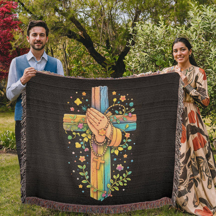 Rainbow Cross Praying Hands | Christian Heirloom Artwork Woven Blanket | Gift for Kids