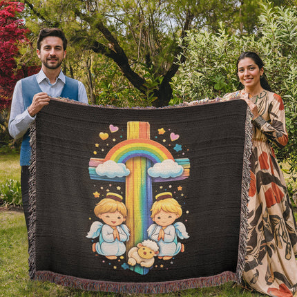 Rainbow Cross Cherub Angels | Christian Heirloom Artwork Woven Blanket | Gift for Kids