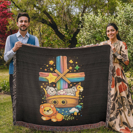 Rainbow Cross Noahs Ark | Christian Heirloom Artwork Woven Blanket | Gift for Kids