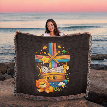 Rainbow Cross Noahs Ark | Christian Heirloom Artwork Woven Blanket | Gift for Kids