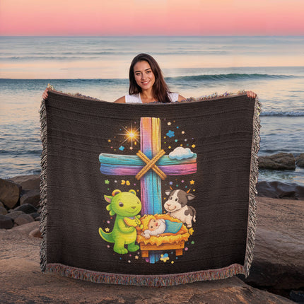 Rainbow Cross Frog And Cow | Christian Heirloom Artwork Woven Blanket | Gift for Kids