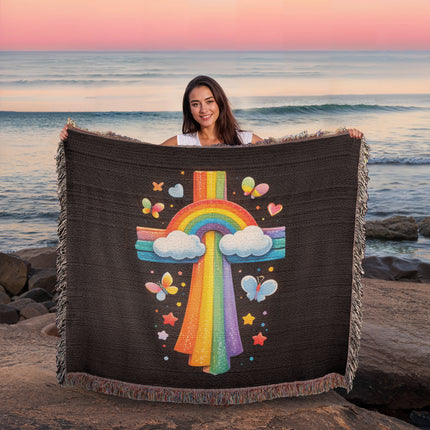 Rainbow Cross Butterfly | Christian Heirloom Artwork Woven Blanket | Gift for Kids