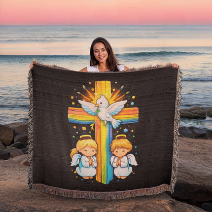 Rainbow Cross Angels And Dove | Christian Heirloom Artwork Woven Blanket | Gift for Kids
