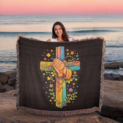Rainbow Cross Praying Hands | Christian Heirloom Artwork Woven Blanket | Gift for Kids