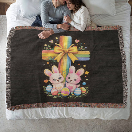 Rainbow Cross Bunnies | Christian Heirloom Artwork Woven Blanket | Gift for Kids