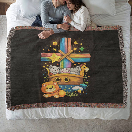 Rainbow Cross Noahs Ark | Christian Heirloom Artwork Woven Blanket | Gift for Kids