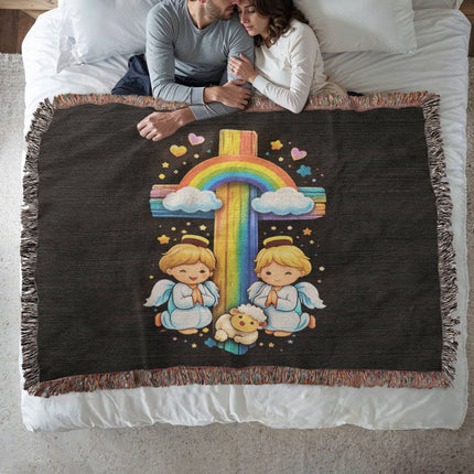Rainbow Cross Cherub Angels | Christian Heirloom Artwork Woven Blanket | Gift for Kids