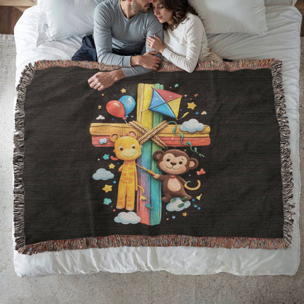 Rainbow Cross Jungle Animals | Christian Heirloom Artwork Woven Blanket | Gift for Kids