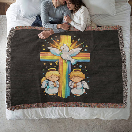 Rainbow Cross Angels And Dove | Christian Heirloom Artwork Woven Blanket | Gift for Kids
