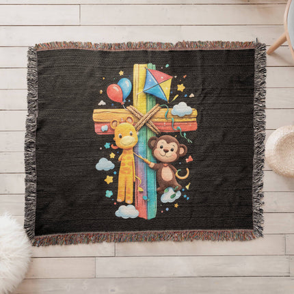 Rainbow Cross Jungle Animals | Christian Heirloom Artwork Woven Blanket | Gift for Kids