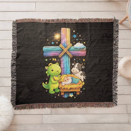 Rainbow Cross Frog And Cow | Christian Heirloom Artwork Woven Blanket | Gift for Kids