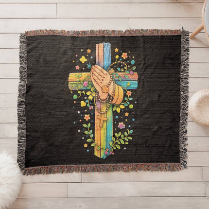 Rainbow Cross Praying Hands | Christian Heirloom Artwork Woven Blanket | Gift for Kids