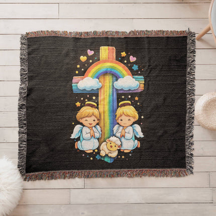 Rainbow Cross Cherub Angels | Christian Heirloom Artwork Woven Blanket | Gift for Kids
