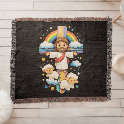 Rainbow Cross Jesus And Lamb | Christian Heirloom Artwork Woven Blanket | Gift for Kids