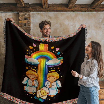 Rainbow Cross Cherub Angels | Christian Heirloom Artwork Woven Blanket | Gift for Kids