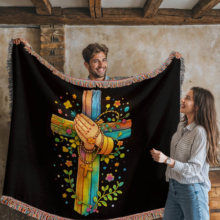 Rainbow Cross Praying Hands | Christian Heirloom Artwork Woven Blanket | Gift for Kids