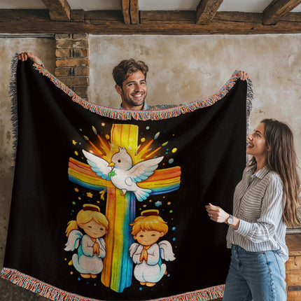 Rainbow Cross Angels And Dove | Christian Heirloom Artwork Woven Blanket | Gift for Kids