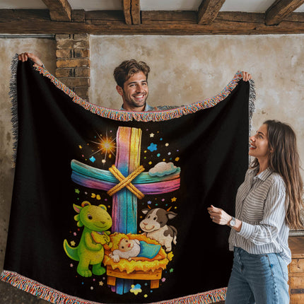 Rainbow Cross Frog And Cow | Christian Heirloom Artwork Woven Blanket | Gift for Kids